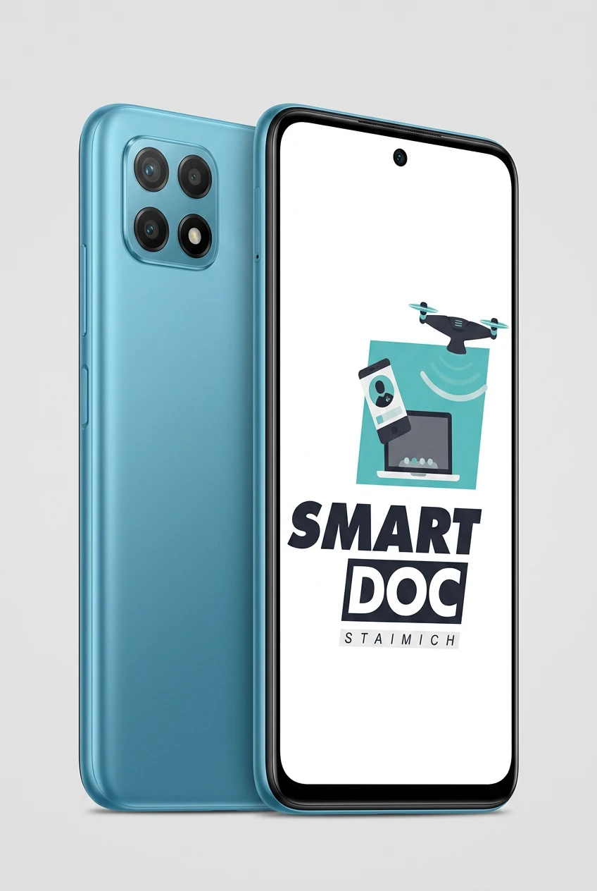 Redmi 9T 5G mit SmartDoc-Staimich-Logo auf dem Display, dahinter ein zweites Redmi 9T 5G von hinten