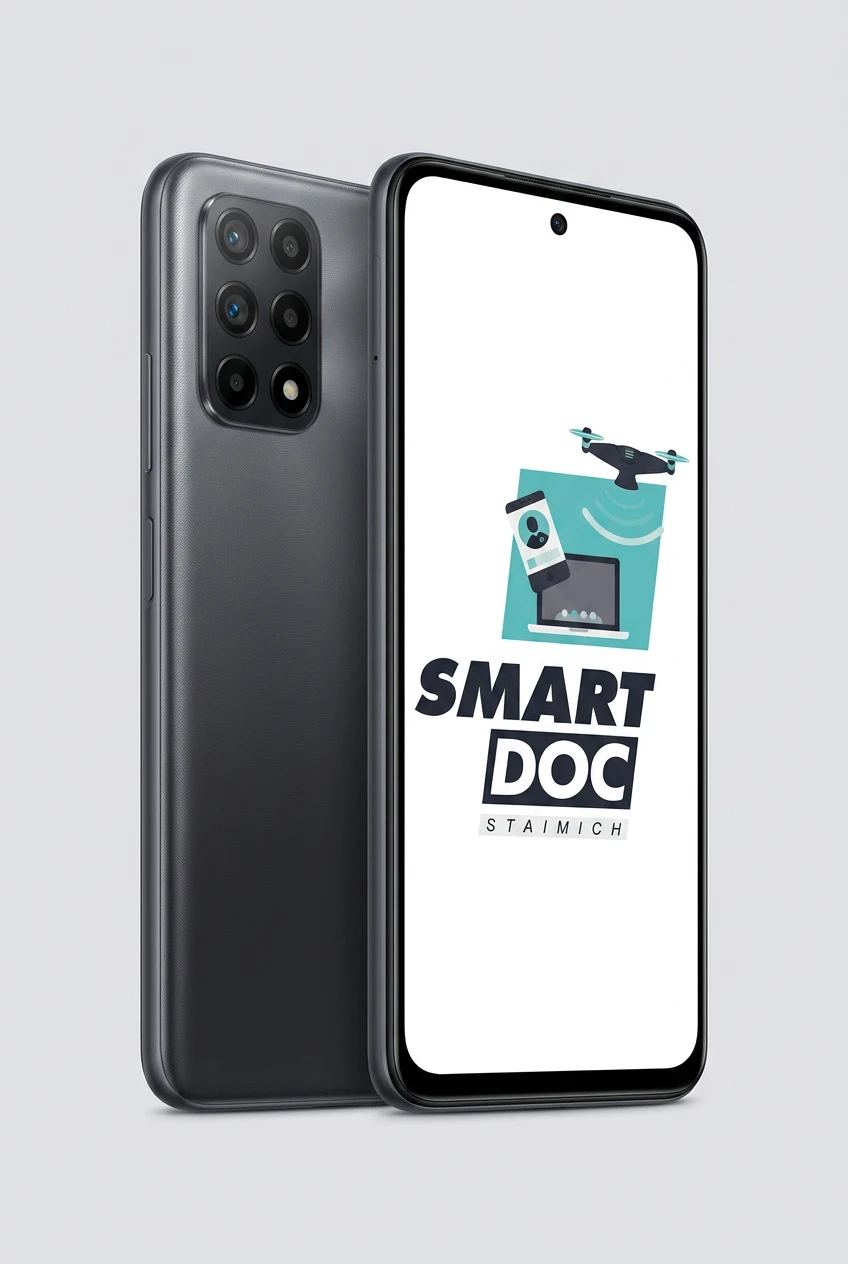 Redmi Note 10 5G mit SmartDoc-Staimich-Logo auf dem Display, dahinter ein zweites Redmi Note 10 5G von hinten