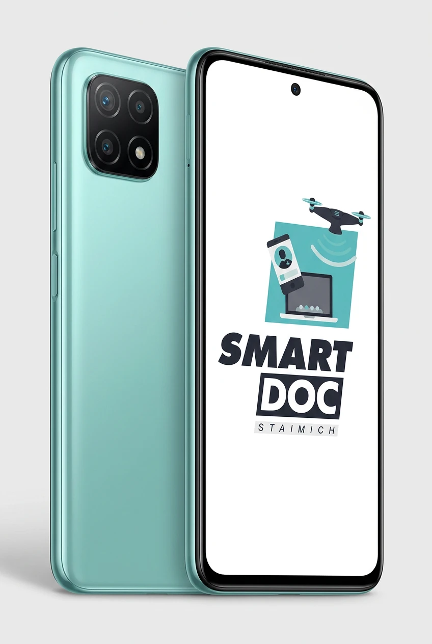 Redmi Note 10 mit SmartDoc-Staimich-Logo auf dem Display, dahinter ein zweites Redmi Note 10 von hinten
