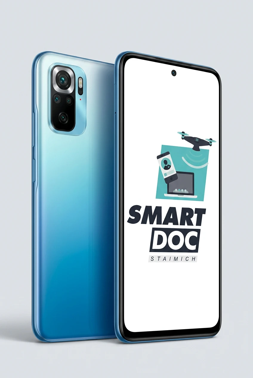 Redmi Note 10S mit SmartDoc-Staimich-Logo auf dem Display, dahinter ein zweites Redmi Note 10S von hinten