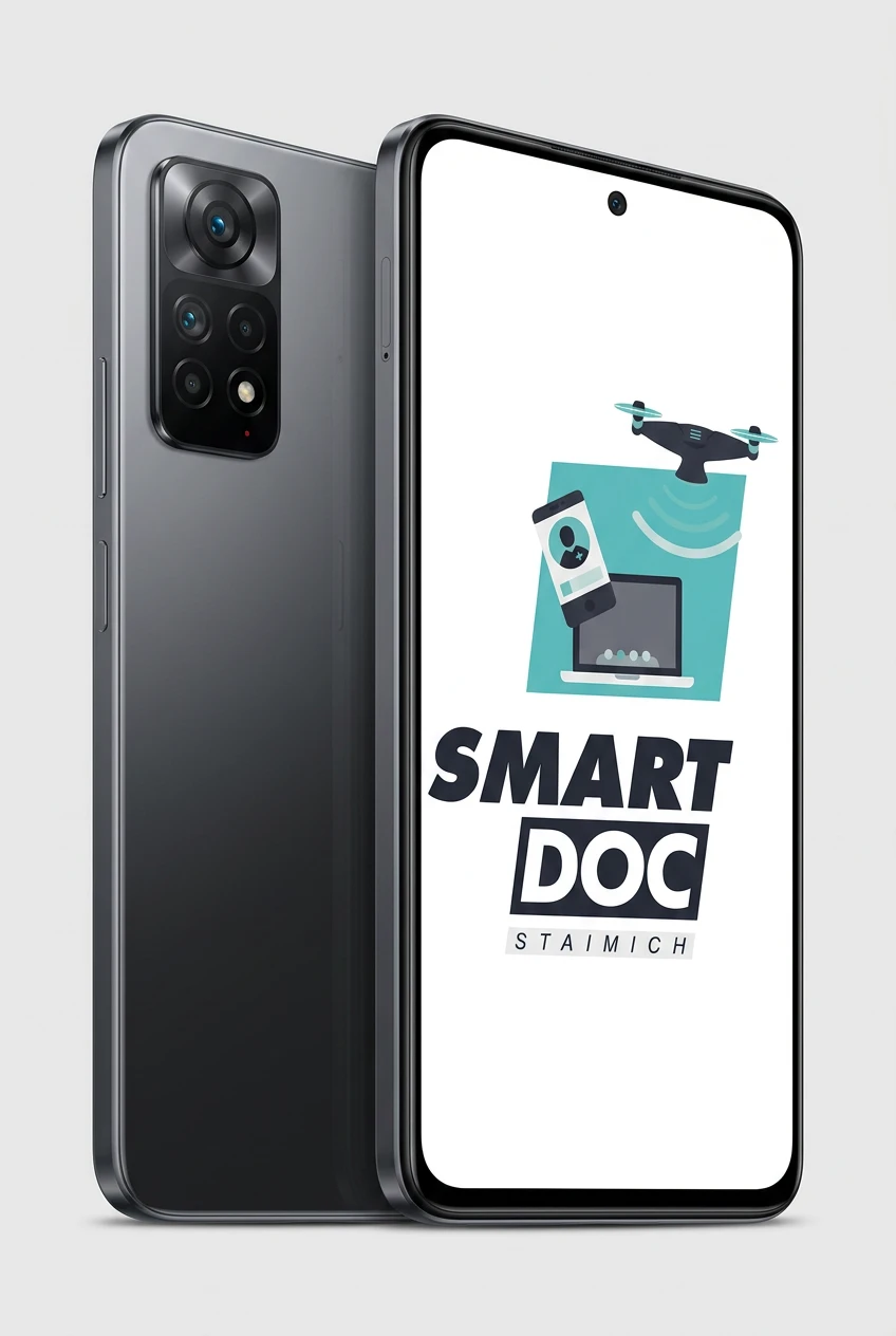 Redmi Note 11 Pro mit SmartDoc-Staimich-Logo auf dem Display, dahinter ein zweites Redmi Note 11 Pro von hinten