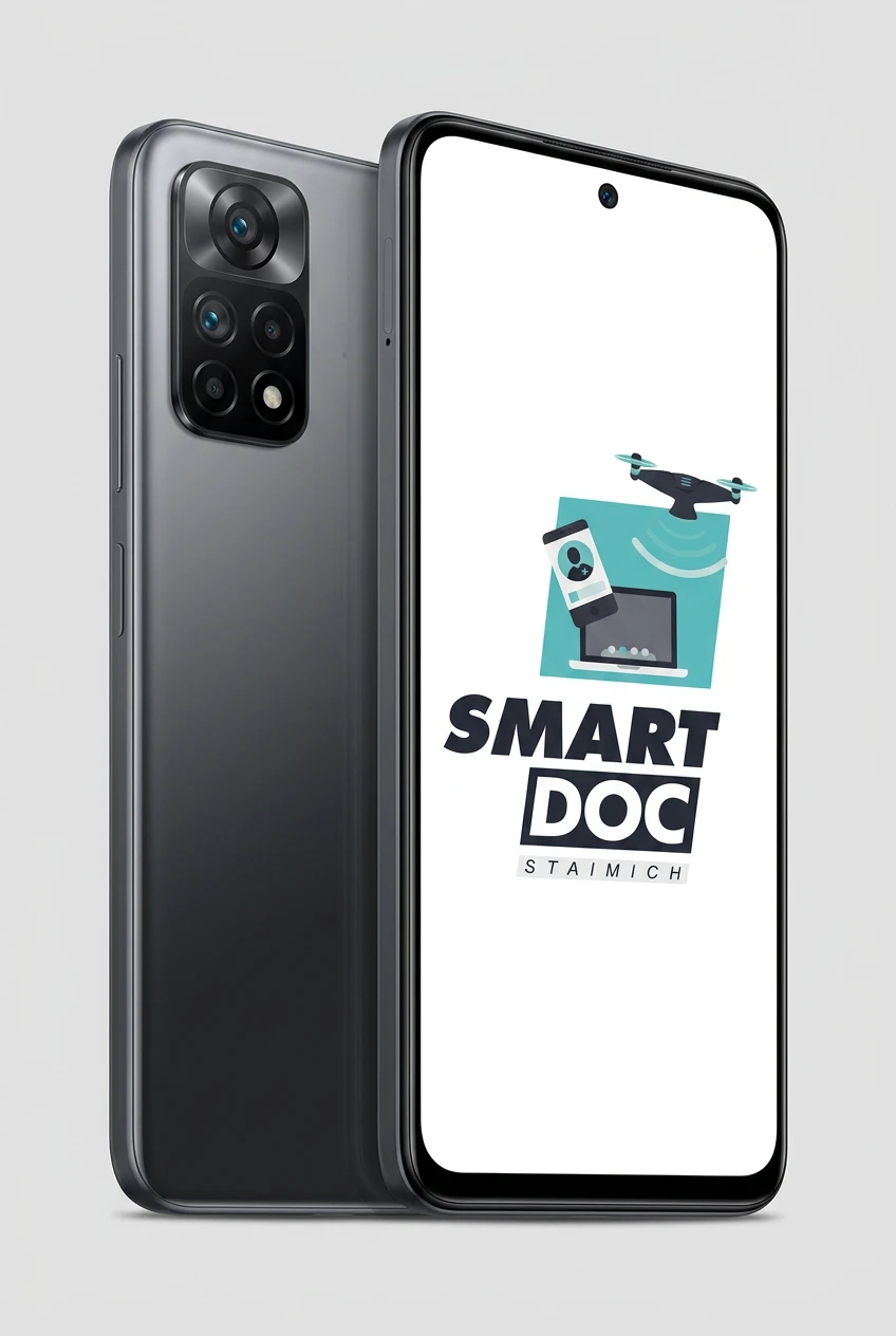 Redmi Note 11 mit SmartDoc-Staimich-Logo auf dem Display, dahinter ein zweites Redmi Note 11 von hinten