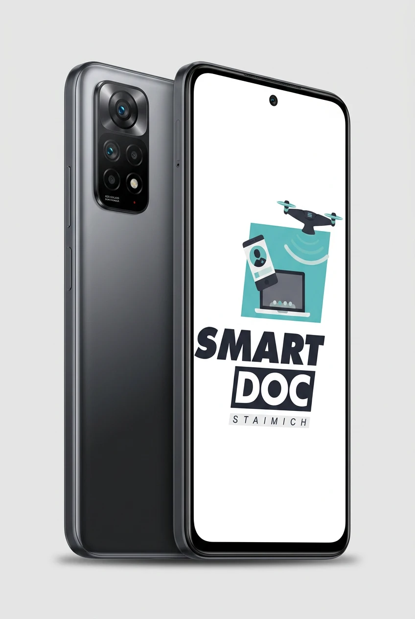 Redmi Note 11S mit SmartDoc-Staimich-Logo auf dem Display, dahinter ein zweites Redmi Note 11S von hinten