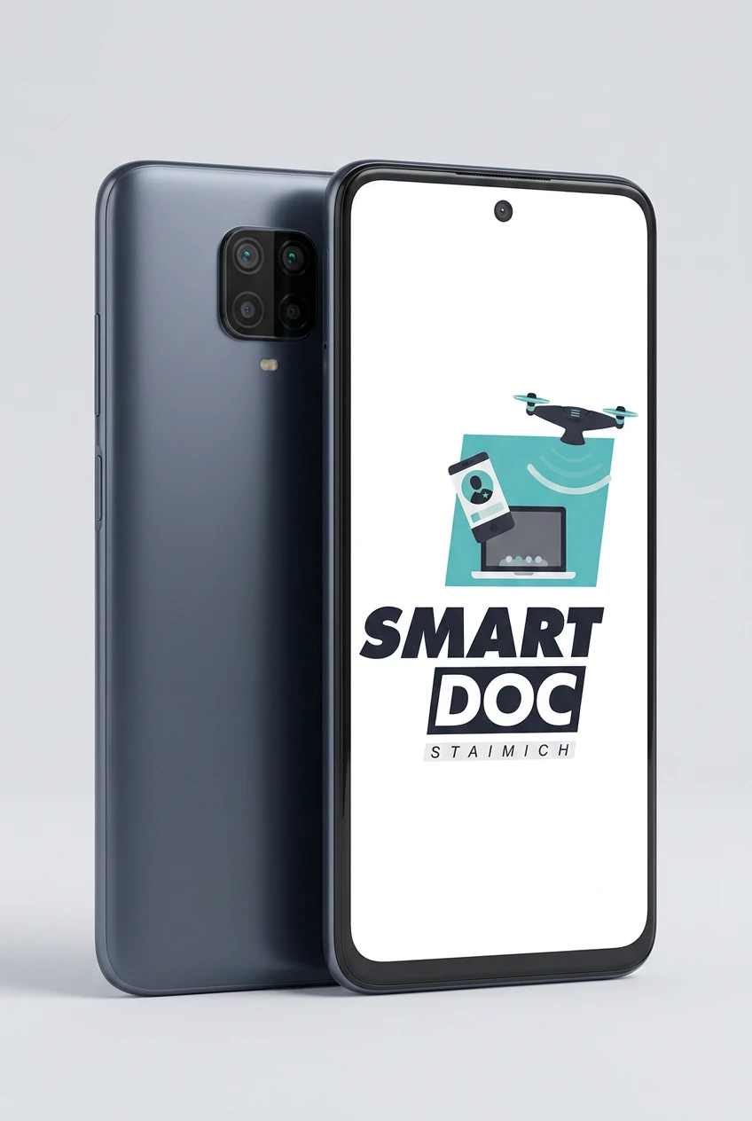 Redmi Note 9 mit SmartDoc-Staimich-Logo auf dem Display, dahinter ein zweites Redmi Note 9 von hinten