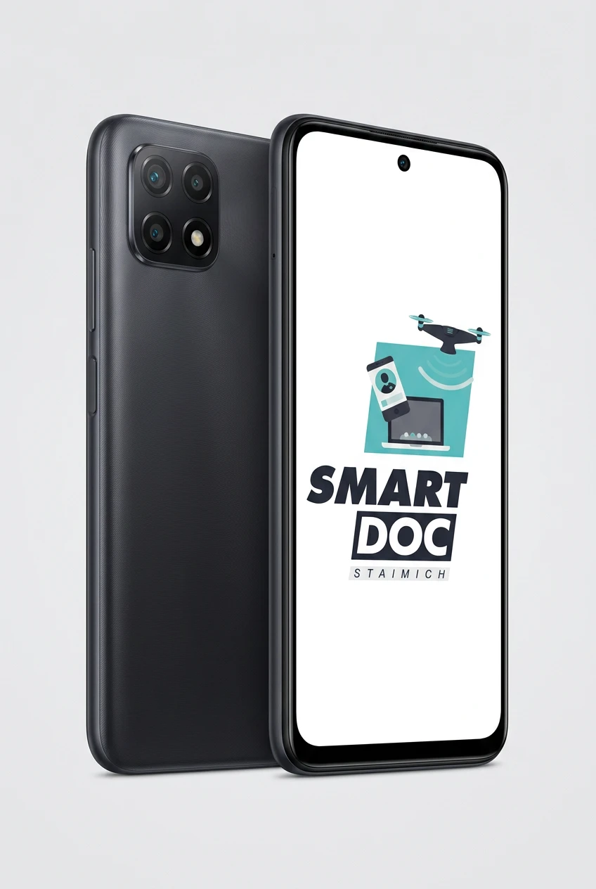 Redmi Note 9T mit SmartDoc-Staimich-Logo auf dem Display, dahinter ein zweites Redmi Note 9T von hinten