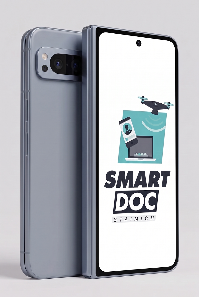 Google Pixel 10 Pro Fold mit SmartDoc-Staimich-Logo auf dem Display, dahinter ein zweites Google Pixel 10 Pro Fold von hinten