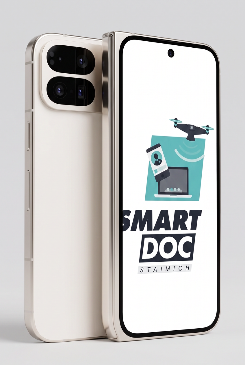 Google Pixel 9 Pro Fold mit SmartDoc-Staimich-Logo auf dem Display, dahinter ein zweites Google Pixel 9 Pro Fold von hinten